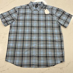 Prana New XL Groveland Shirt Bay Blue Short Sleeve Button Up Organic Plaid